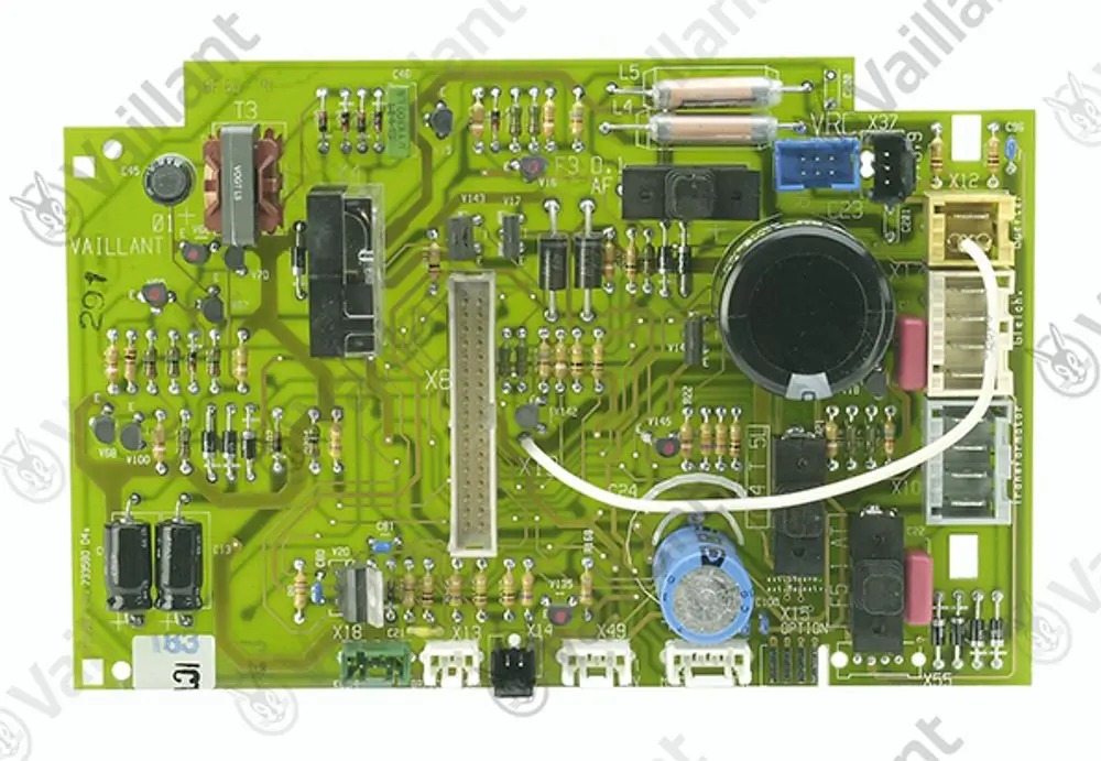 Leiterplatte von Vaillant, ausgestattet mit verschiedenen elektronischen Komponenten, Steckverbindern und Widerständen, zur Verwendung in Heizungsanlagen.